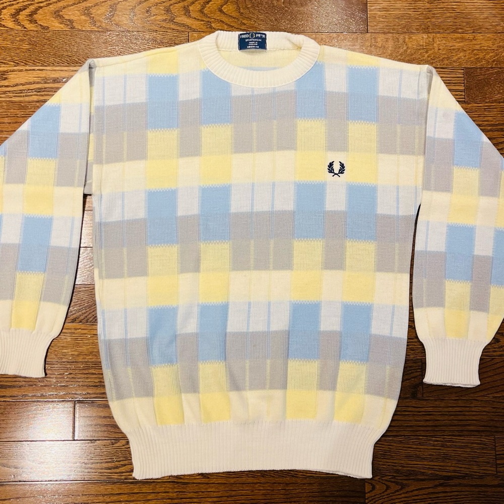 Fred Perry Men's Plaid Crewneck Sweater - Light Blue, Yellow, Cream